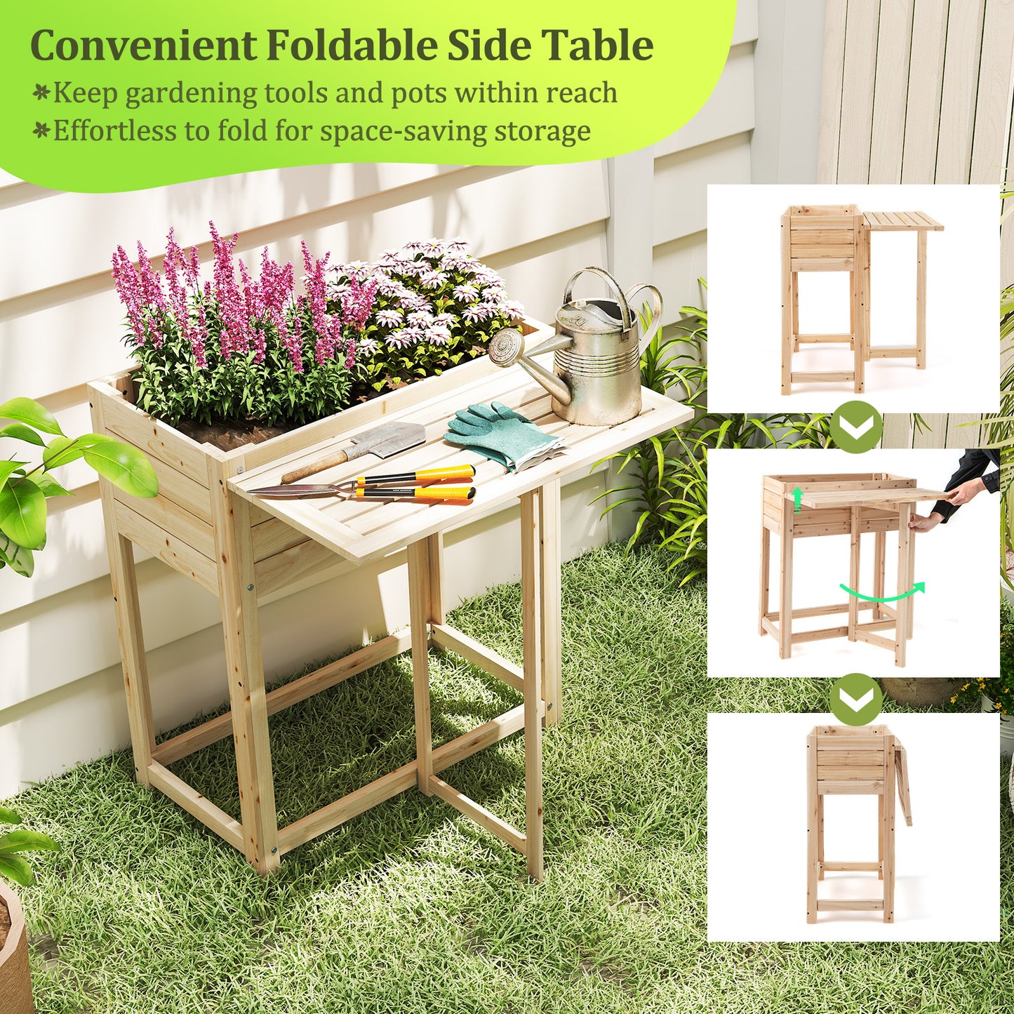Wooden Raised Garden Bed with Legs and Foldable Side Table, Natural