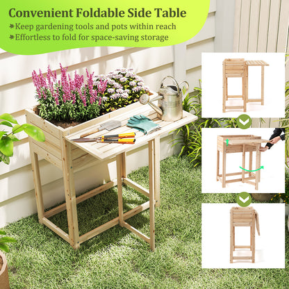 Wooden Raised Garden Bed with Legs and Foldable Side Table, Natural