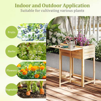 Wooden Raised Garden Bed with Legs and Foldable Side Table, Natural