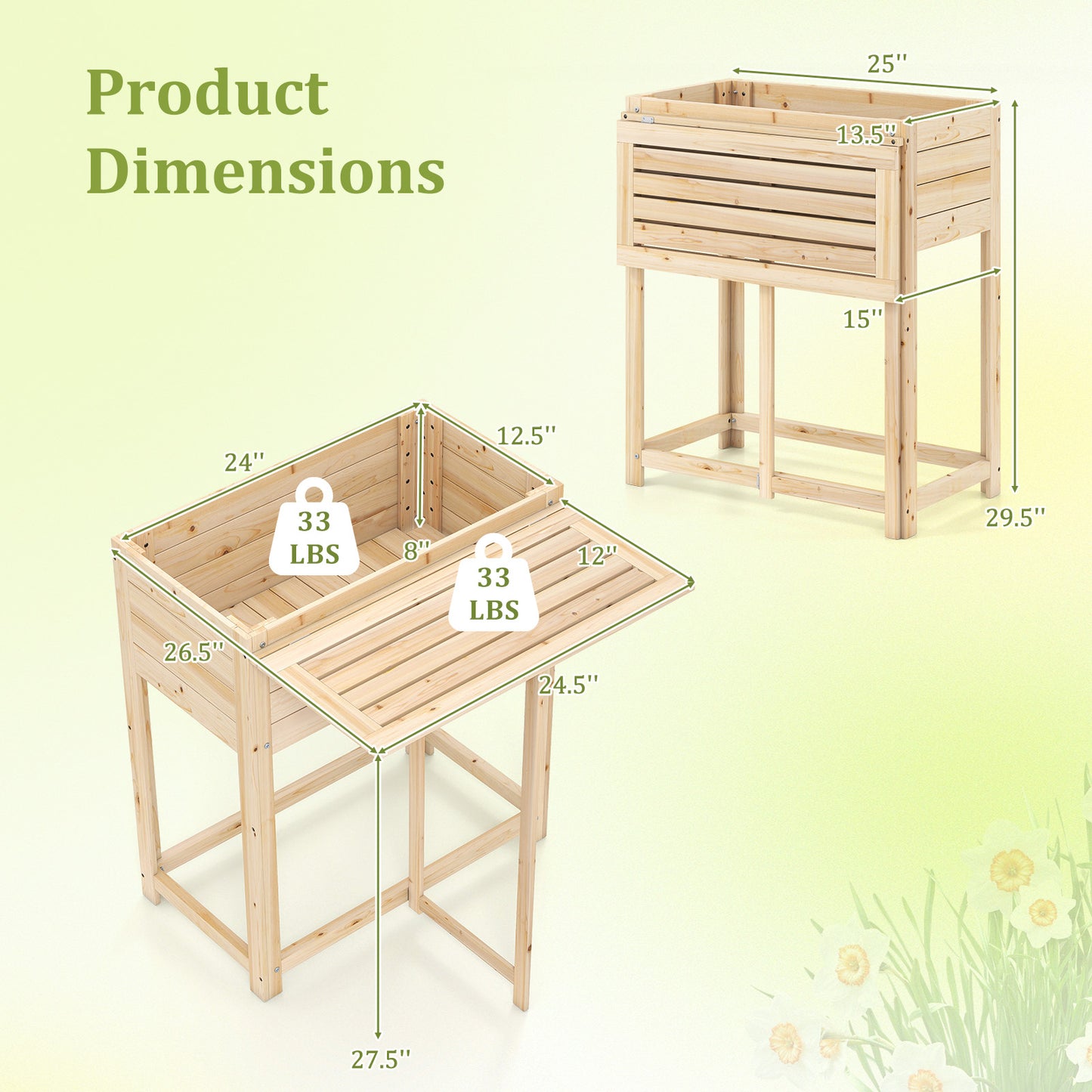 Wooden Raised Garden Bed with Legs and Foldable Side Table, Natural