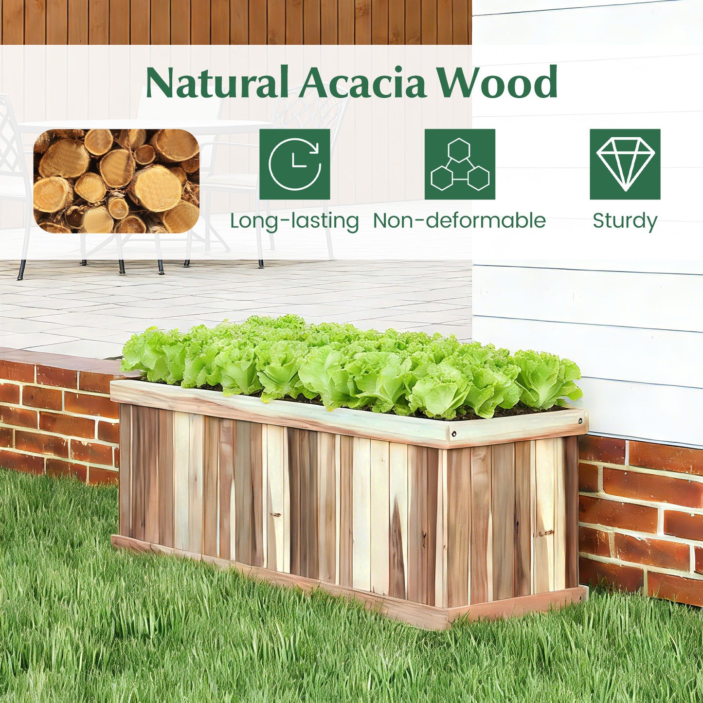 Wooden Raised Garden Bed Natural Acacia Wood Rectangular Planter Box with Drainage, Natural Raised Garden Beds at Gallery Canada