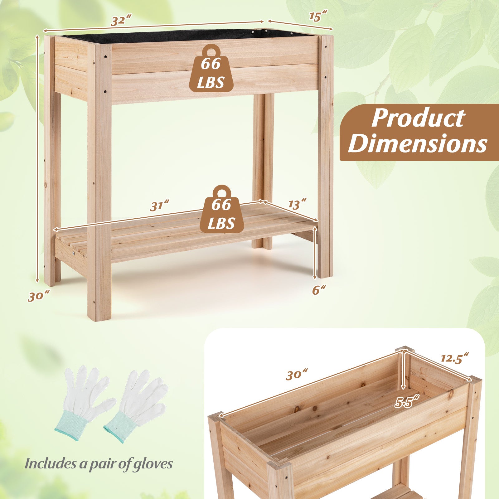 Wooden Raised Garden Bed with Legs and Storage Shelf, Natural Raised Garden Beds at Gallery Canada