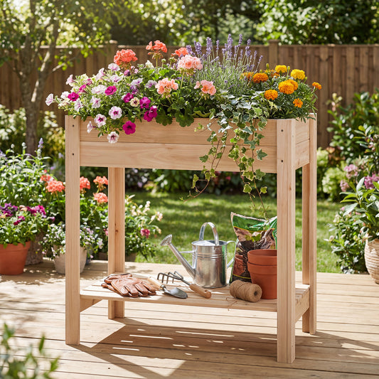 Wooden Raised Garden Bed with Legs and Storage Shelf, Natural Raised Garden Beds Natural at Gallery Canada