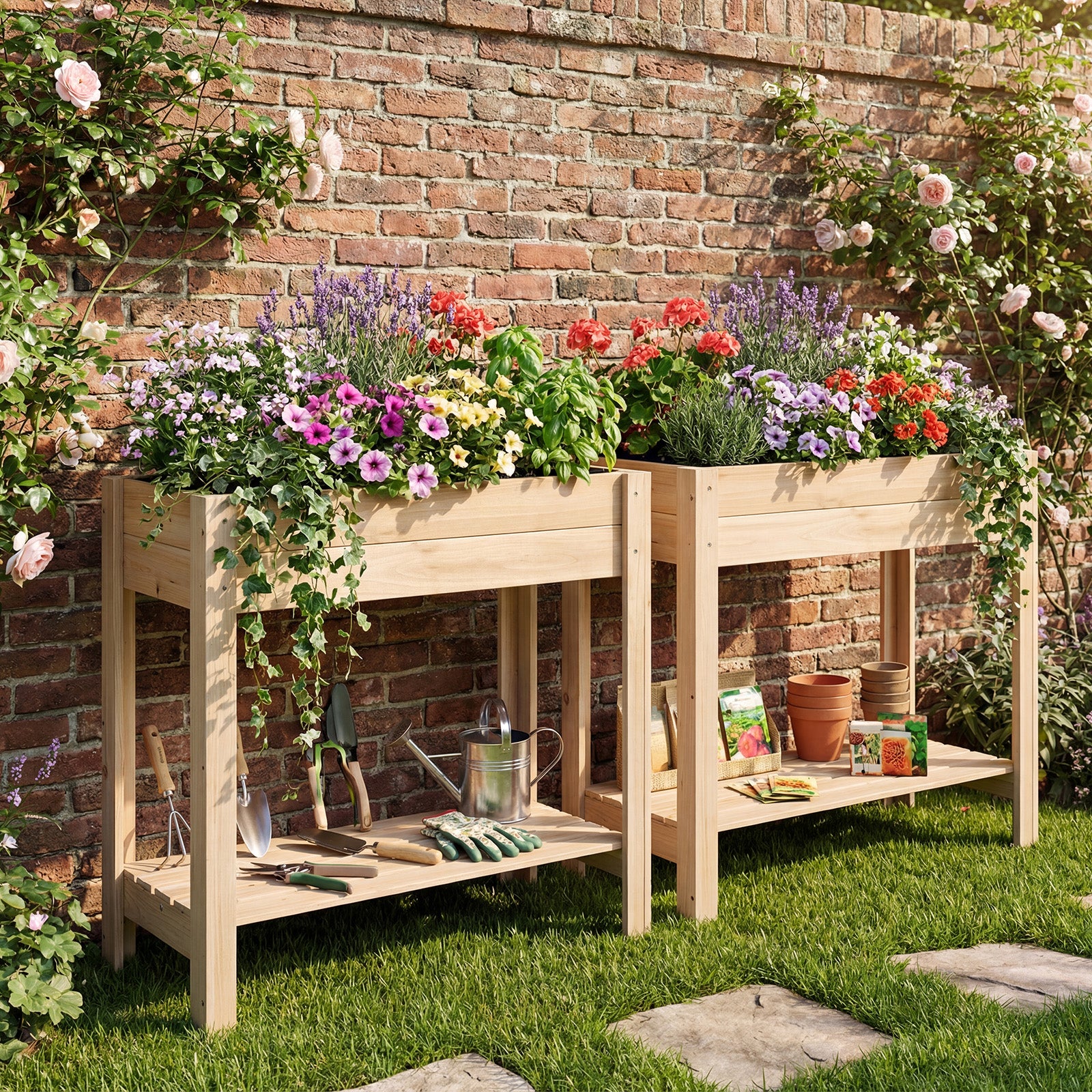 Wooden Raised Garden Bed with Legs and Storage Shelf, Natural Raised Garden Beds at Gallery Canada