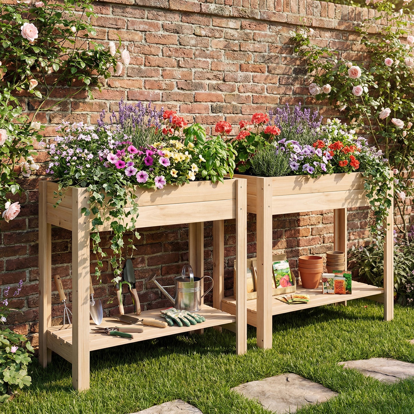 Wooden Raised Garden Bed with Legs and Storage Shelf, Natural Raised Garden Beds at Gallery Canada