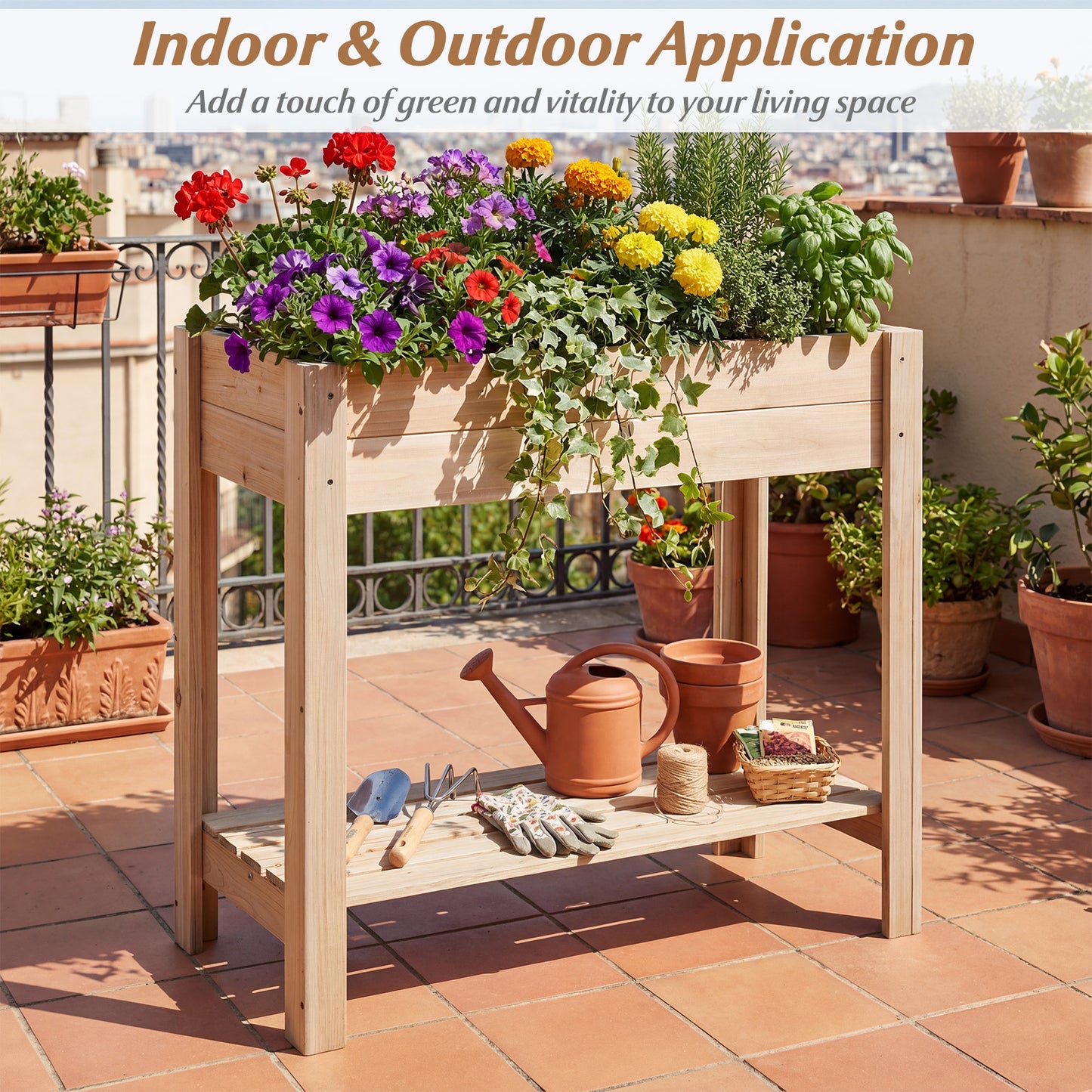 Wooden Raised Garden Bed with Legs and Storage Shelf, Natural Raised Garden Beds at Gallery Canada