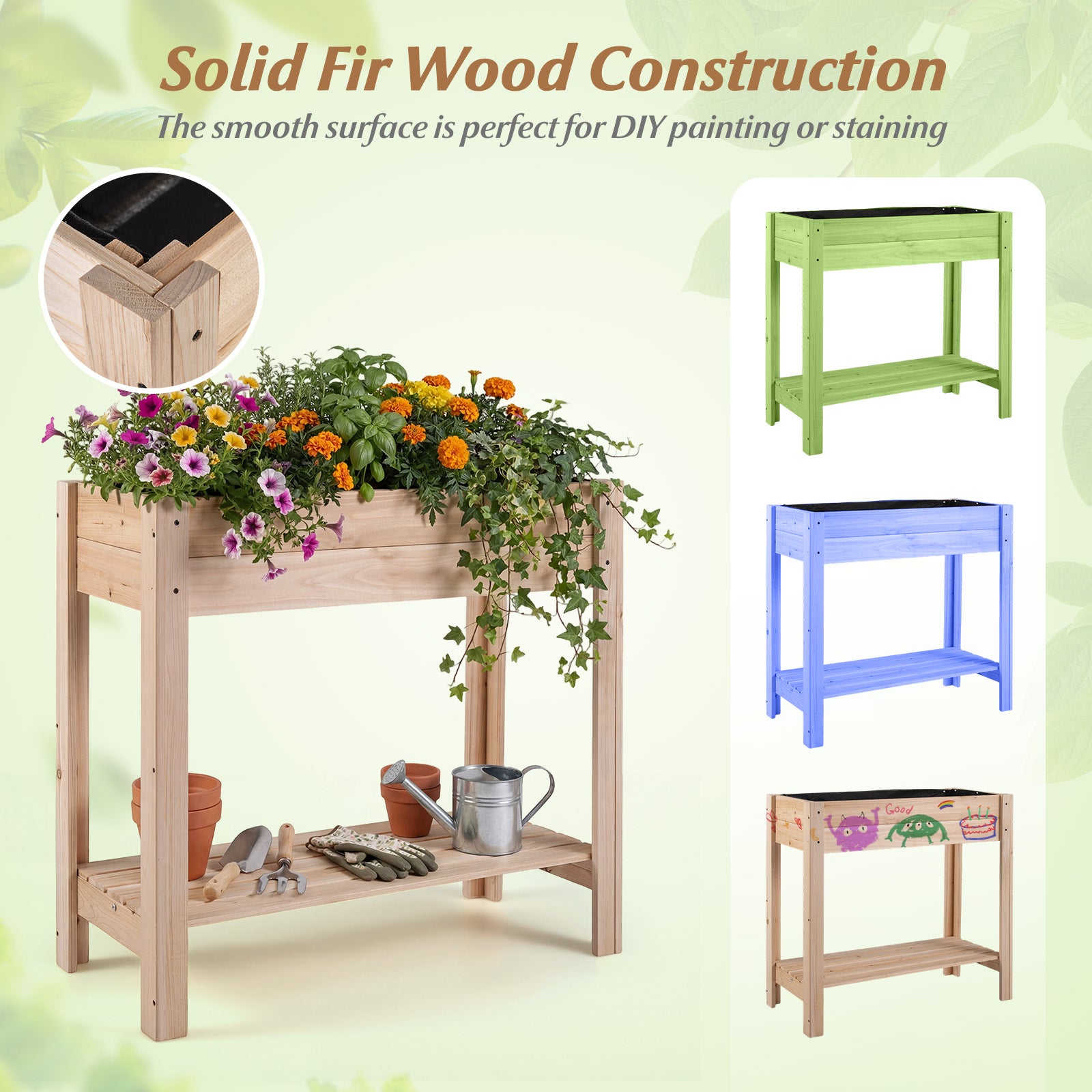 Wooden Raised Garden Bed with Legs and Storage Shelf, Natural Raised Garden Beds at Gallery Canada