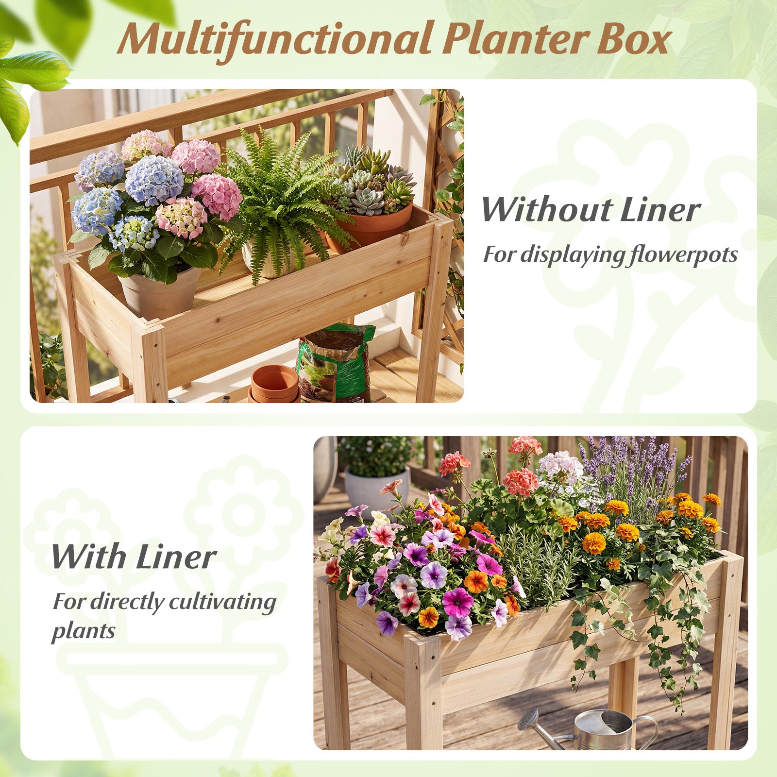 Wooden Raised Garden Bed with Legs and Storage Shelf, Natural Raised Garden Beds at Gallery Canada