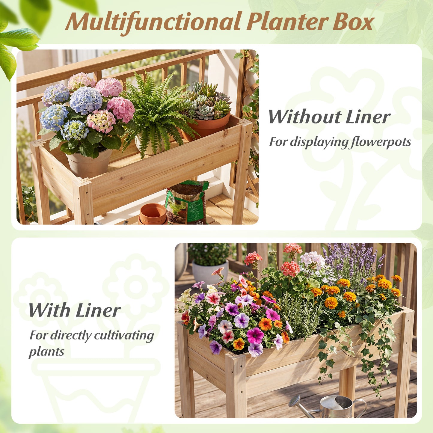 Wooden Raised Garden Bed with Legs and Storage Shelf, Natural Raised Garden Beds at Gallery Canada