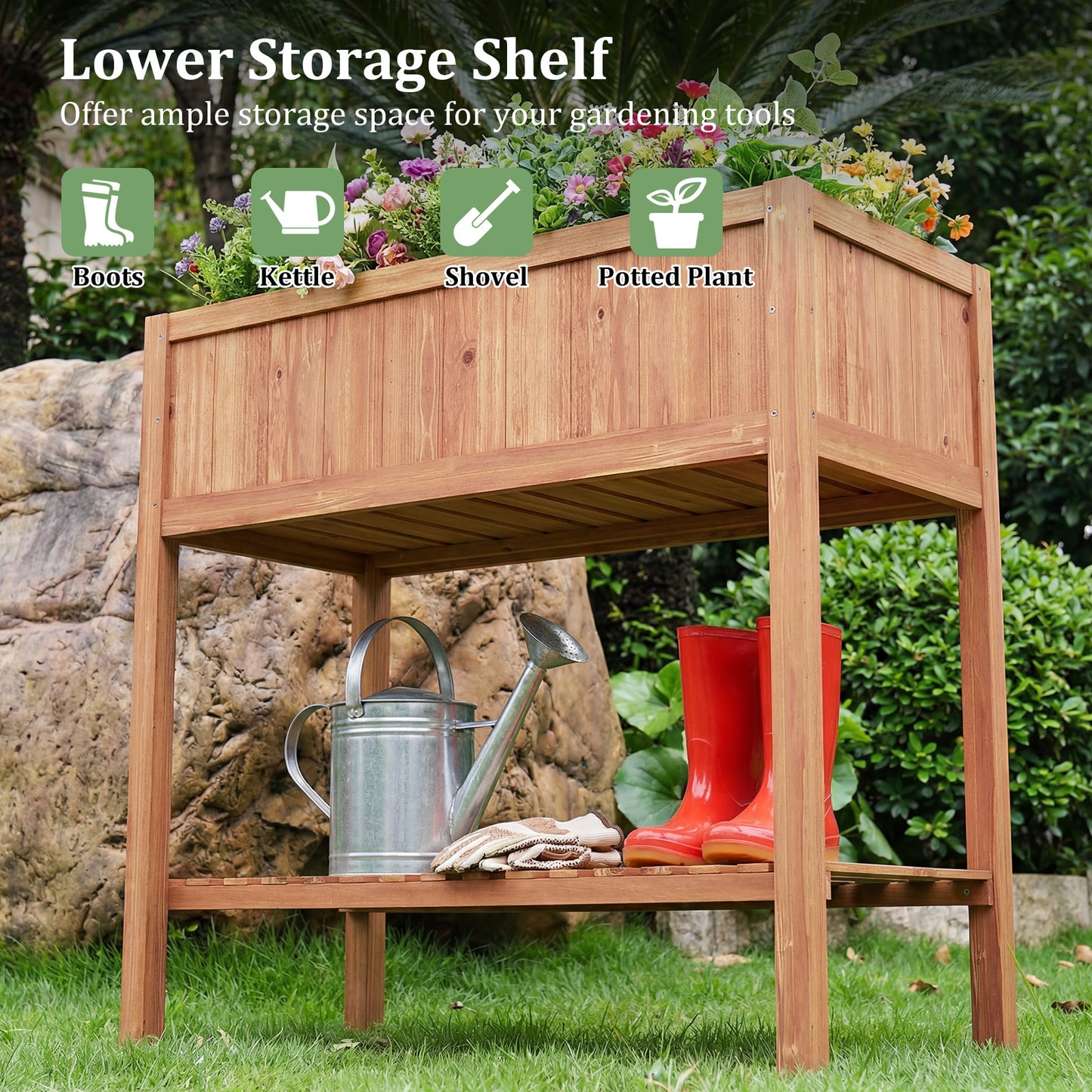 Wooden Raised Garden Bed with Storage Shelf and 220 LBS Capacity, Orange Raised Garden Beds at Gallery Canada