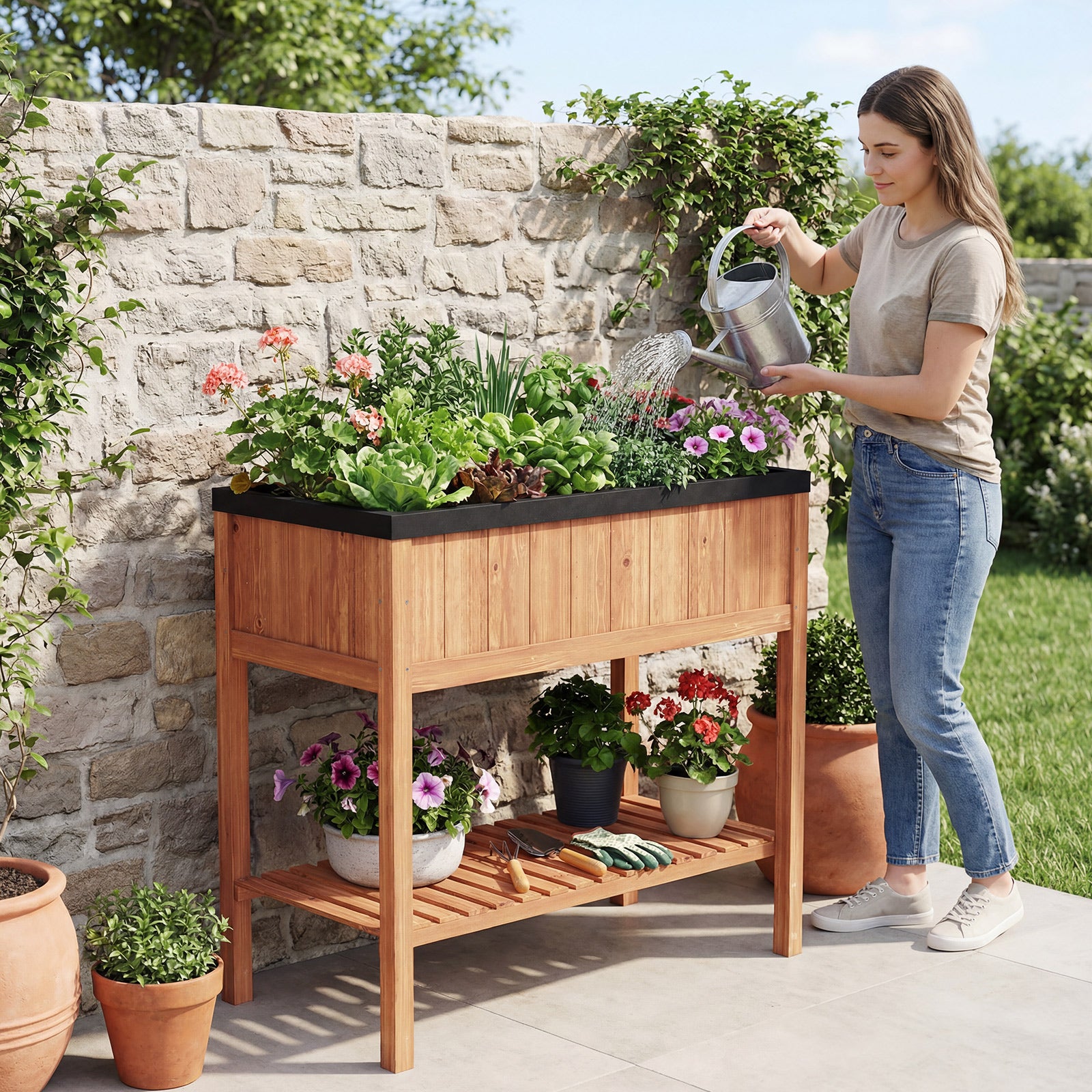 Wooden Raised Garden Bed with Storage Shelf and 220 LBS Capacity, Orange Raised Garden Beds at Gallery Canada