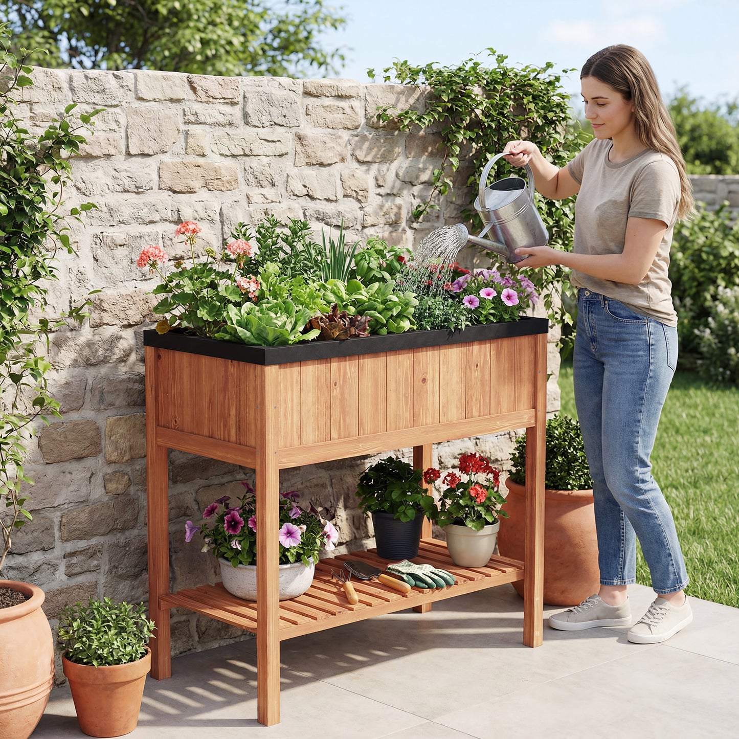 Wooden Raised Garden Bed with Storage Shelf and 220 LBS Capacity, Orange Raised Garden Beds at Gallery Canada