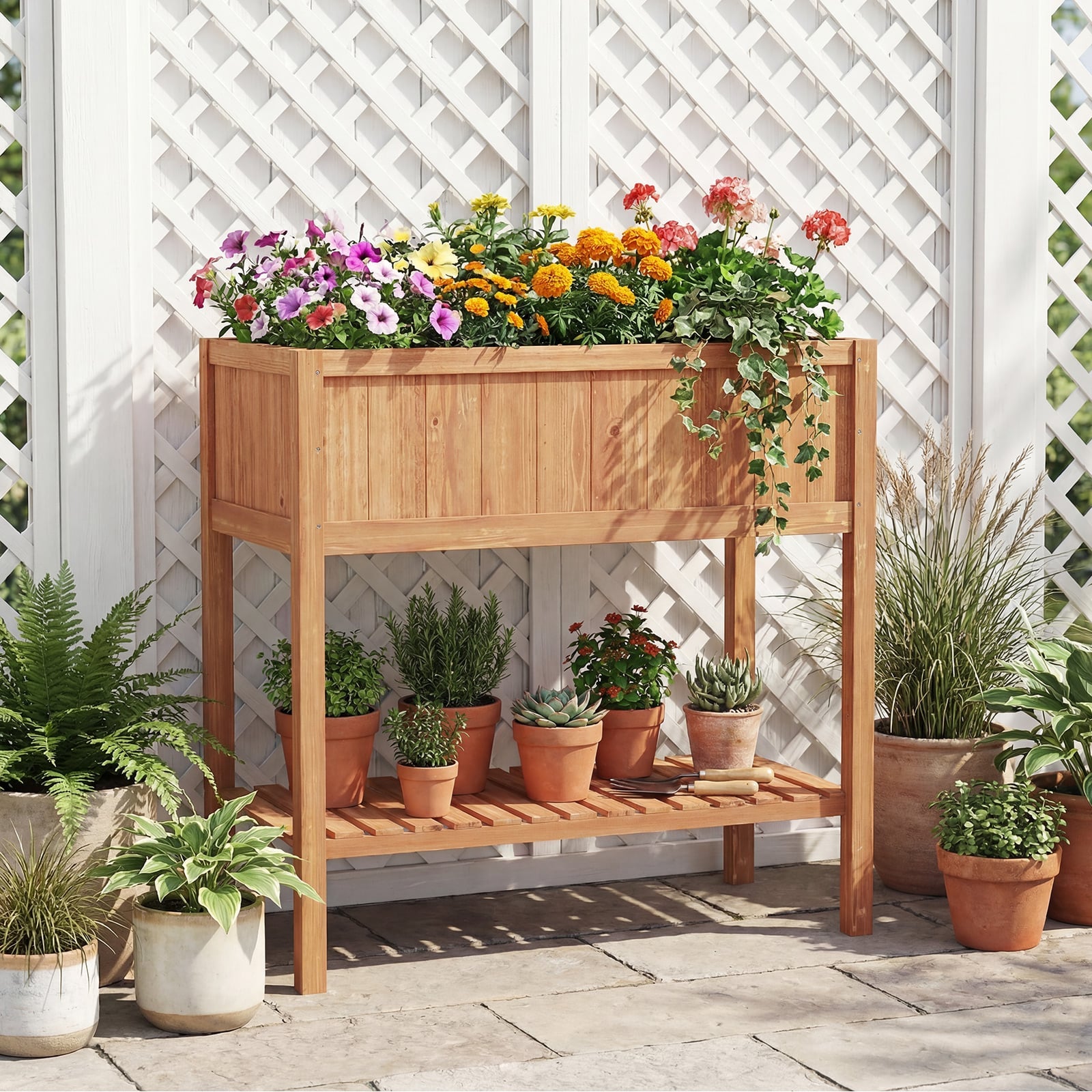Wooden Raised Garden Bed with Storage Shelf and 220 LBS Capacity, Orange Raised Garden Beds at Gallery Canada