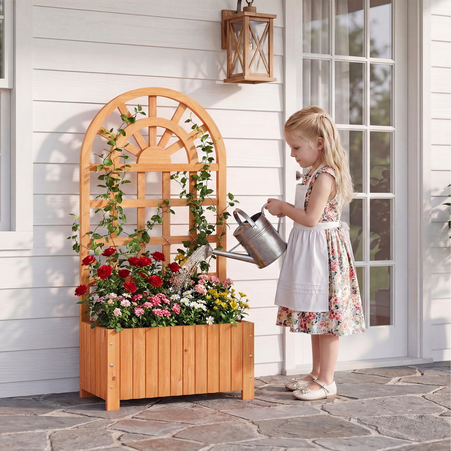 Wooden Raised Garden Bed With Trellis, 48 Inch, Brown Raised Garden Beds at Gallery Canada