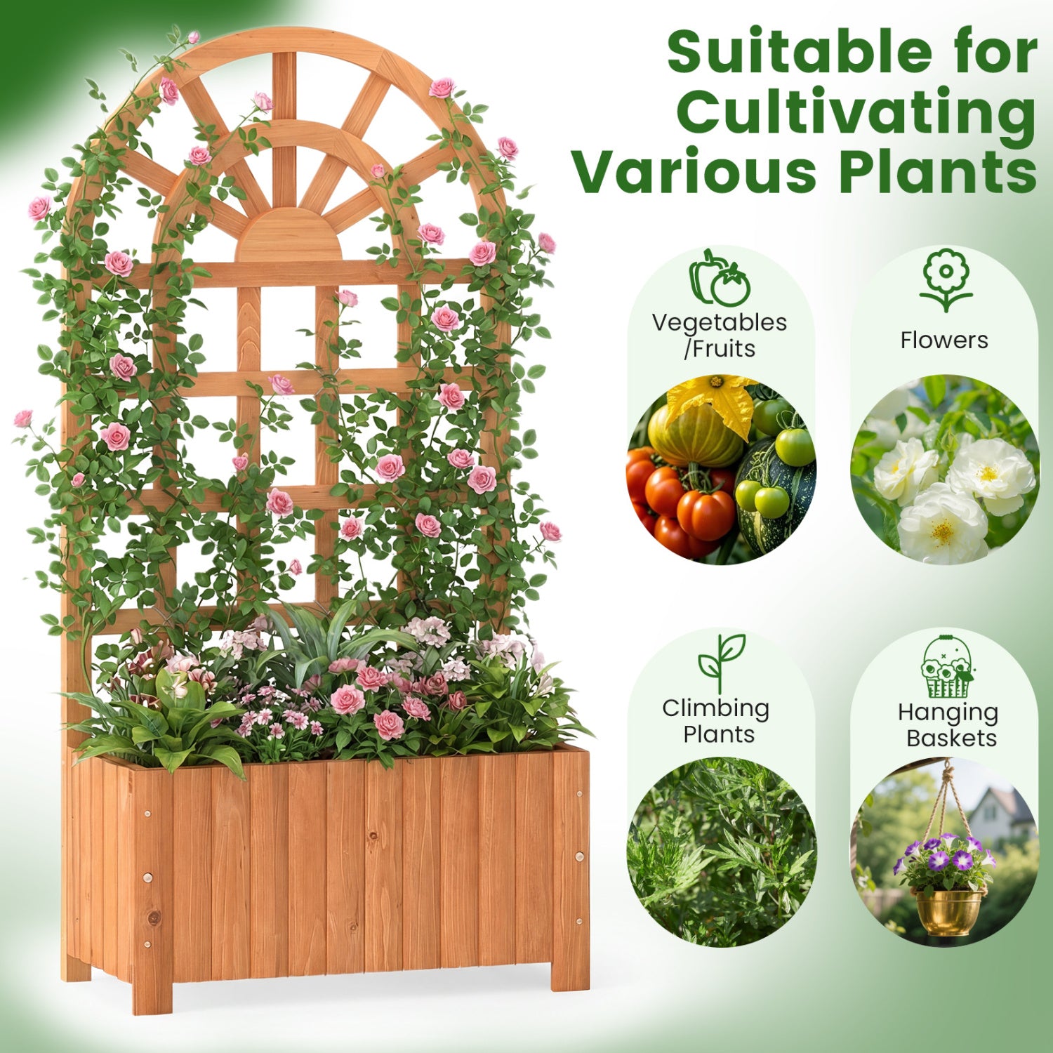 Wooden Raised Garden Bed With Trellis, 48 Inch, Brown Raised Garden Beds at Gallery Canada