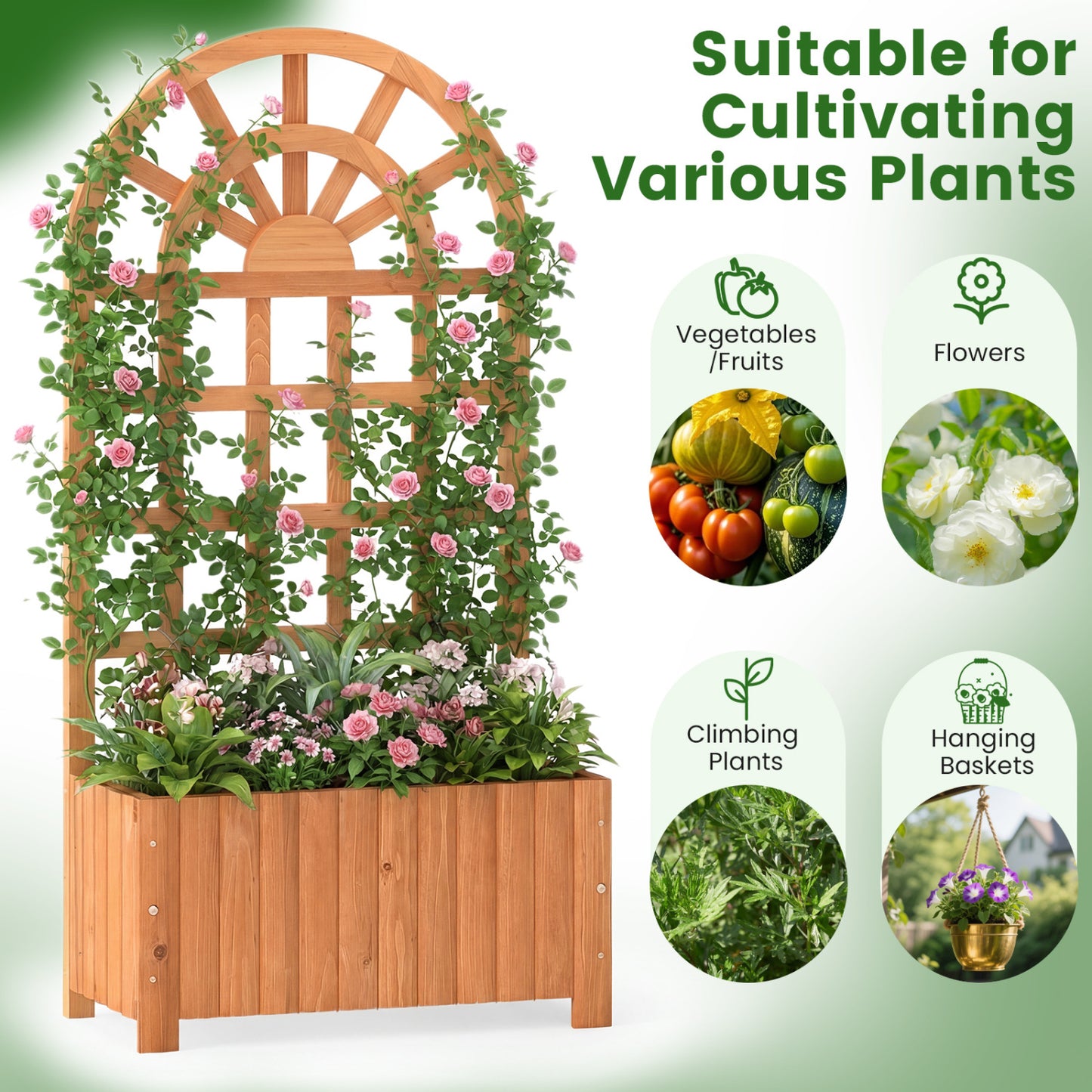 Wooden Raised Garden Bed With Trellis, 48 Inch, Brown Raised Garden Beds at Gallery Canada