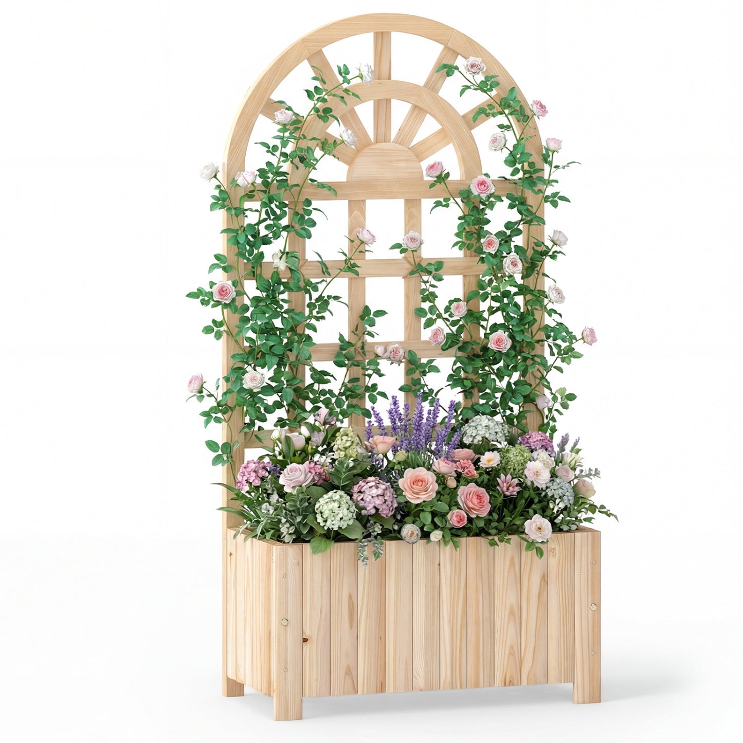 Wooden Raised Garden Bed With Trellis, 48 Inch, Natural Raised Garden Beds Natural at Gallery Canada