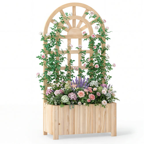 Wooden Raised Garden Bed With Trellis, 48 Inch, Natural