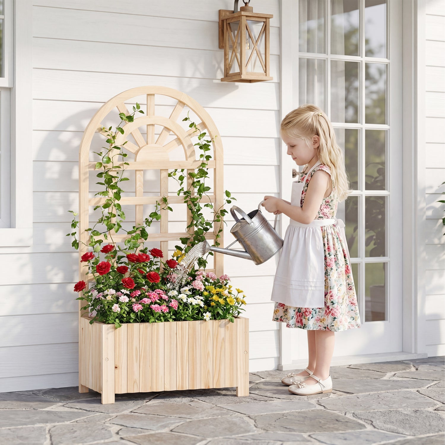 Wooden Raised Garden Bed With Trellis, 48 Inch, Natural Raised Garden Beds at Gallery Canada