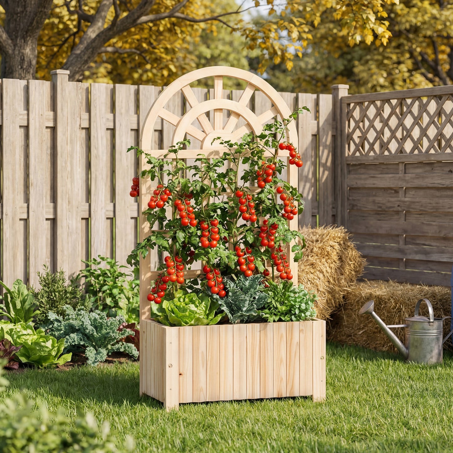 Wooden Raised Garden Bed With Trellis, 48 Inch, Natural Raised Garden Beds at Gallery Canada