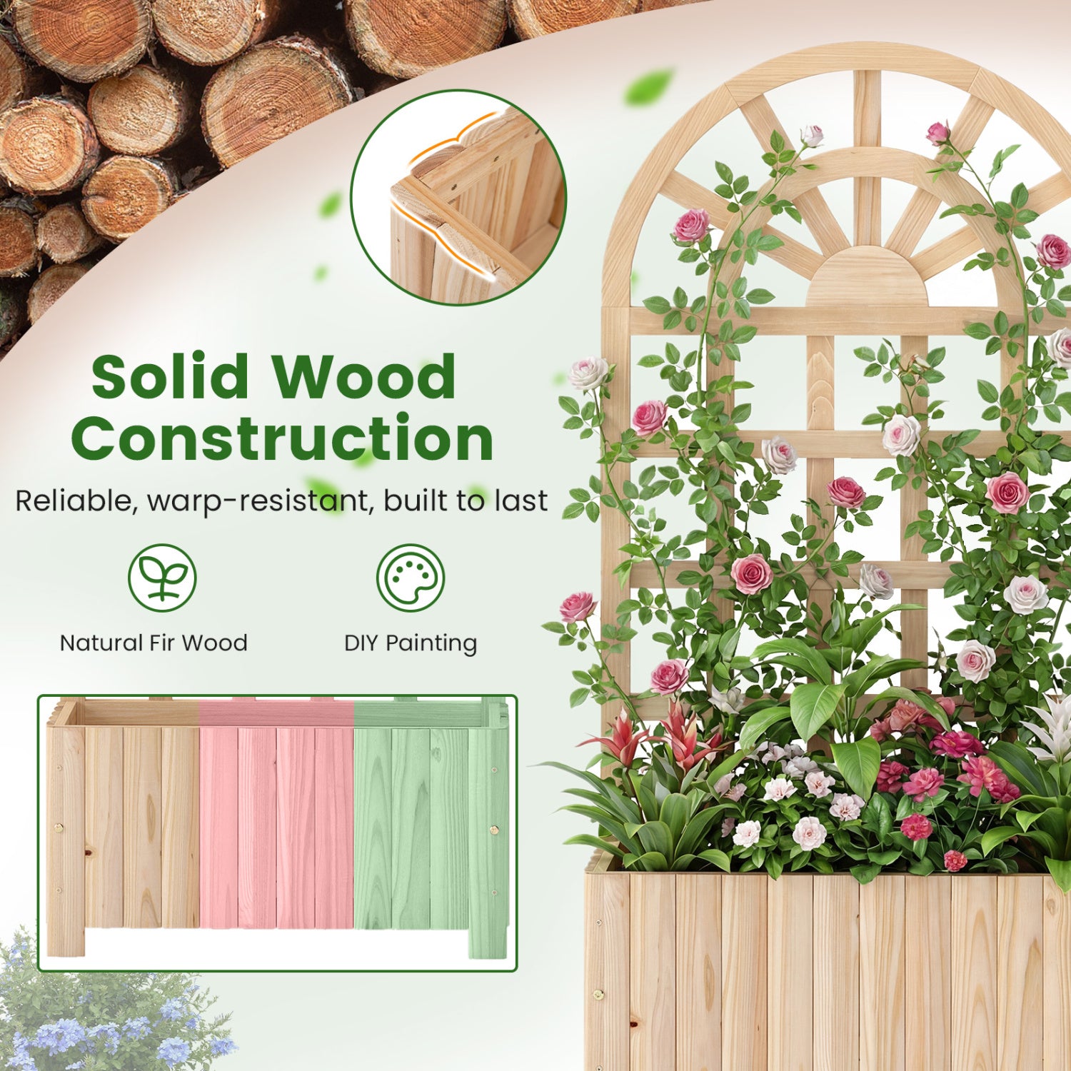 Wooden Raised Garden Bed With Trellis, 48 Inch, Natural Raised Garden Beds at Gallery Canada