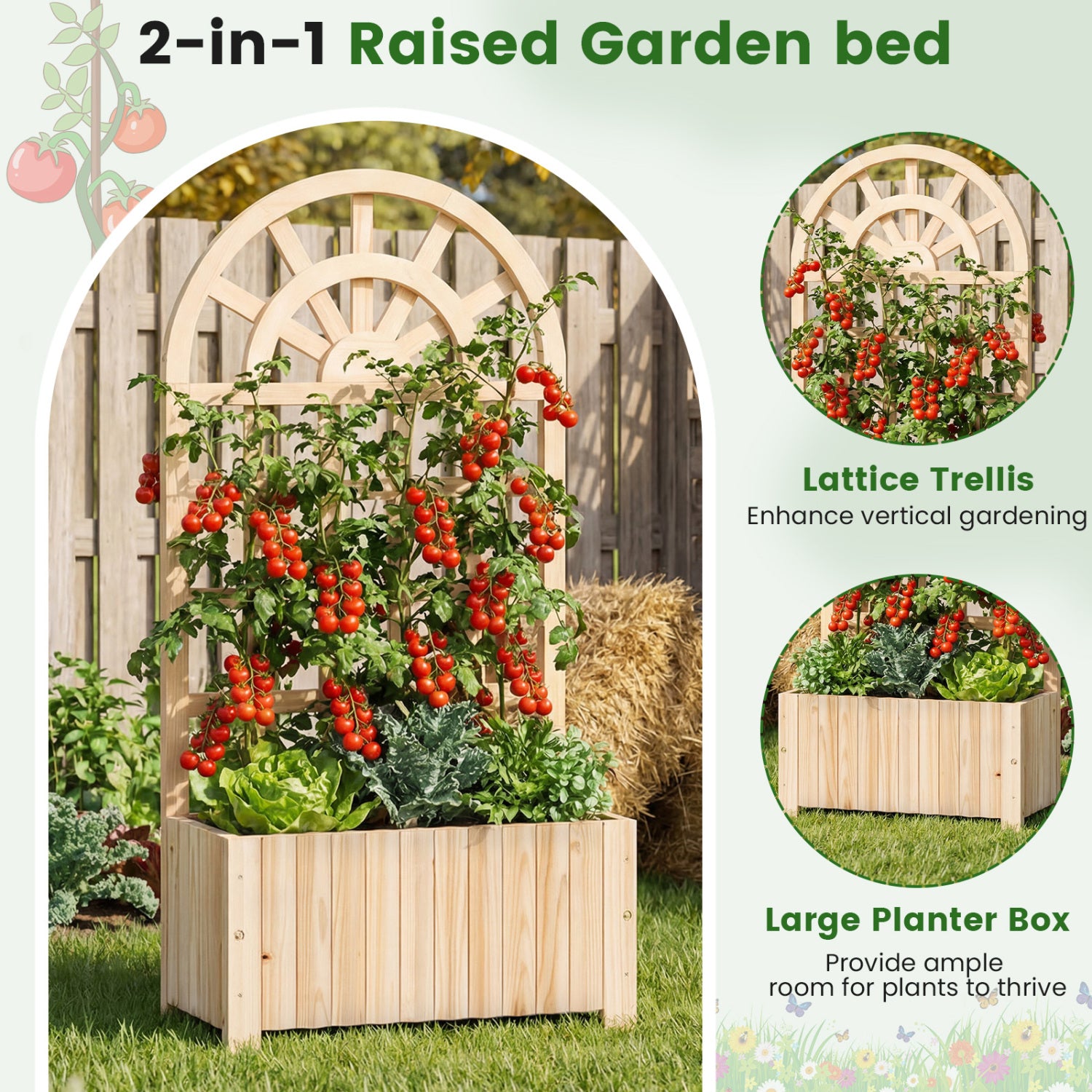 Wooden Raised Garden Bed With Trellis, 48 Inch, Natural Raised Garden Beds at Gallery Canada