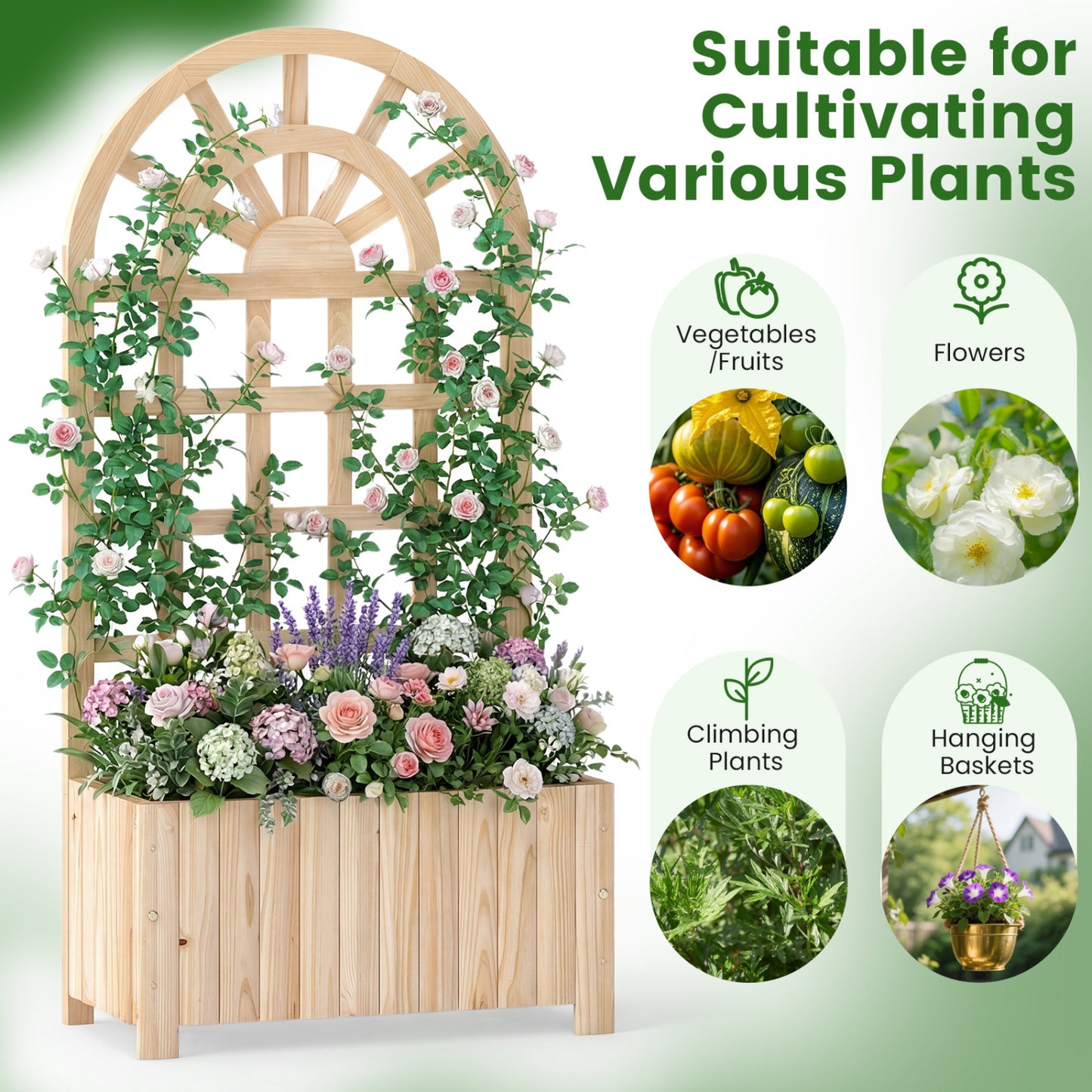 Wooden Raised Garden Bed With Trellis, 48 Inch, Natural Raised Garden Beds at Gallery Canada