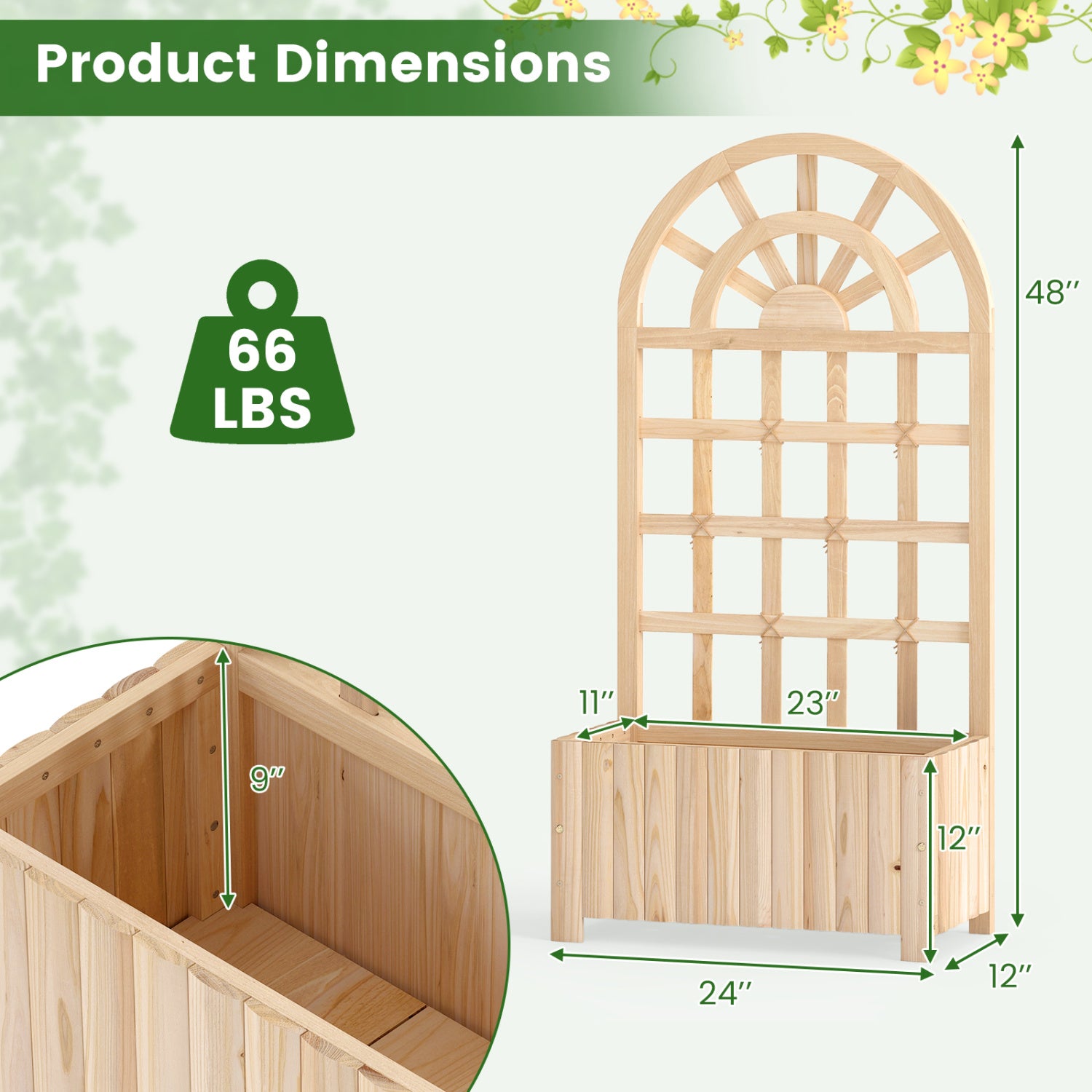 Wooden Raised Garden Bed With Trellis, 48 Inch, Natural Raised Garden Beds at Gallery Canada
