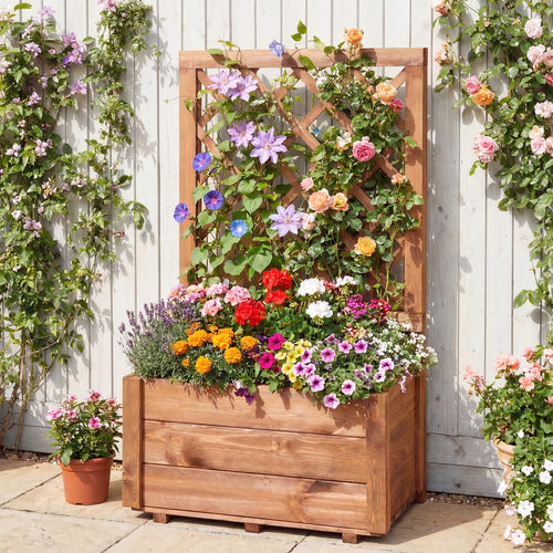 Wooden Raised Garden Bed, Lattice Trellis, Drainage Holes, Orange