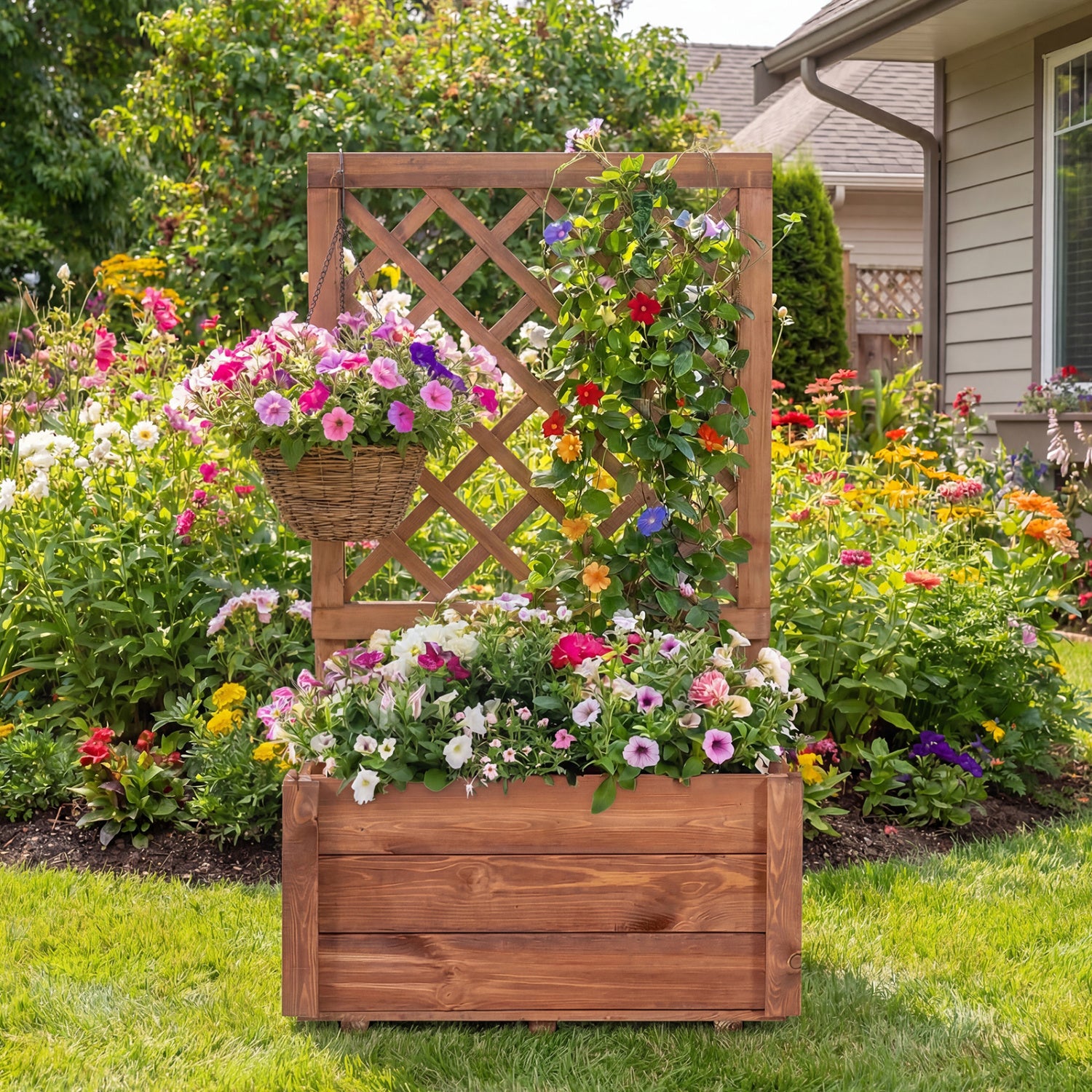 Wooden Raised Garden Bed, Lattice Trellis, Drainage Holes, Orange Raised Garden Beds at Gallery Canada