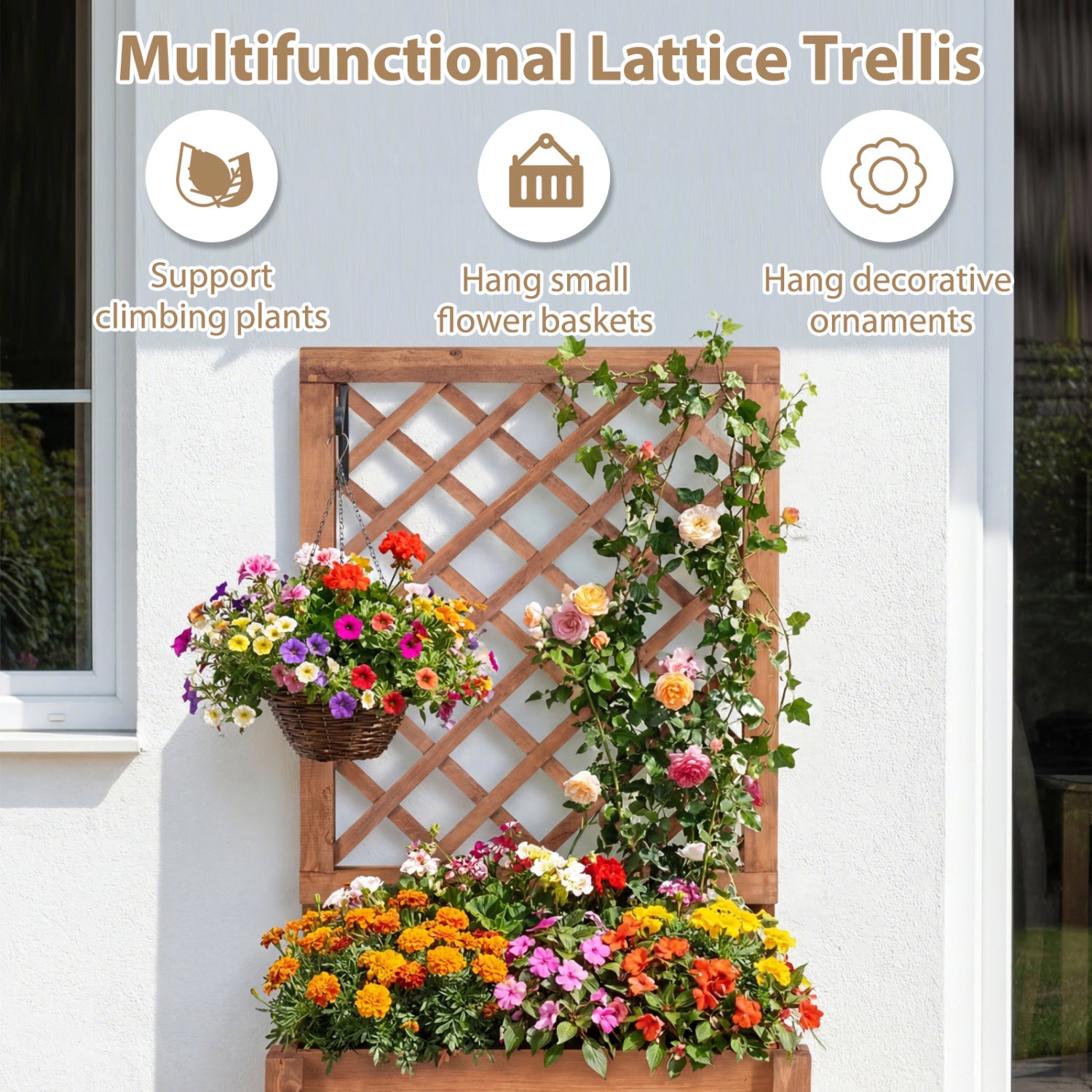 Wooden Raised Garden Bed, Lattice Trellis, Drainage Holes, Orange Raised Garden Beds at Gallery Canada