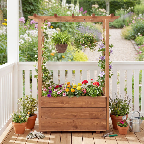 Wooden Raised Garden Bed, Elevated Planter Box With Hanging Roof, Orange
