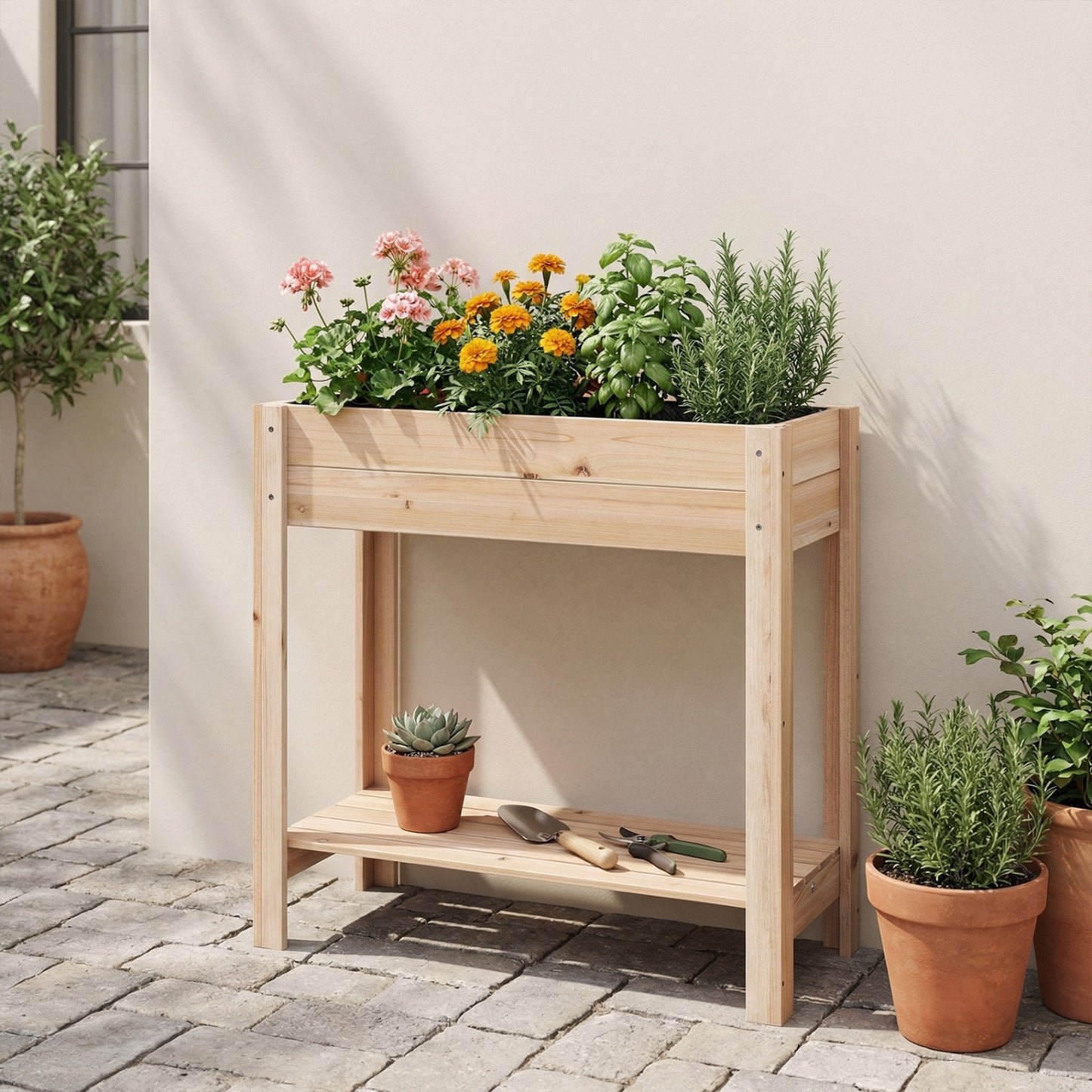 Wooden Raised Garden Bed with Legs and Storage Shelf, Natural Raised Garden Beds at Gallery Canada