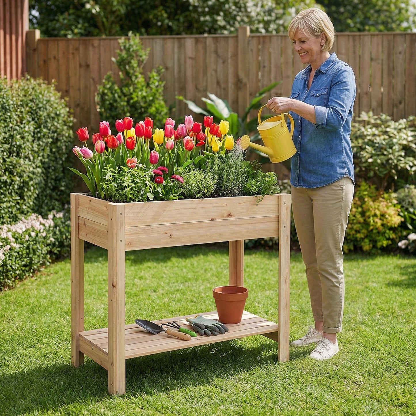 Wooden Raised Garden Bed with Legs and Storage Shelf, Natural Raised Garden Beds at Gallery Canada