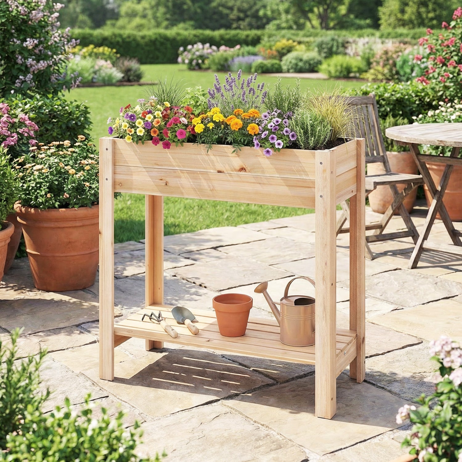 Wooden Raised Garden Bed with Legs and Storage Shelf, Natural Raised Garden Beds at Gallery Canada