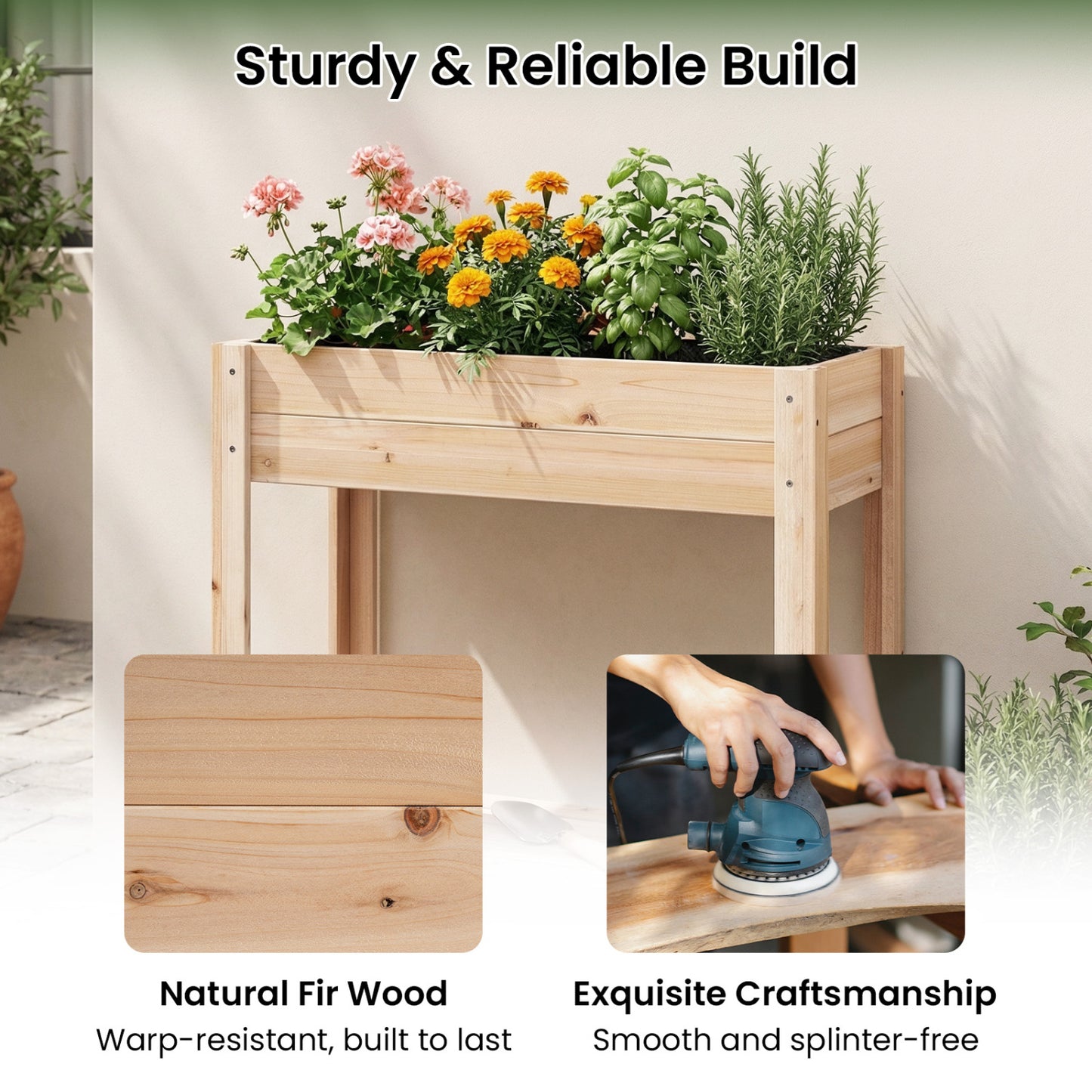 Wooden Raised Garden Bed with Legs and Storage Shelf, Natural Raised Garden Beds at Gallery Canada