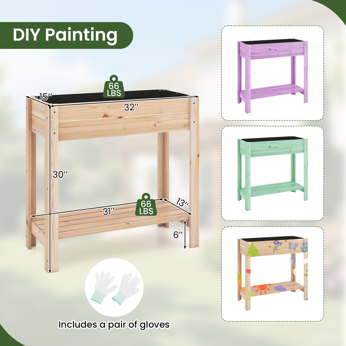 Wooden Raised Garden Bed with Legs and Storage Shelf, Natural Raised Garden Beds at Gallery Canada