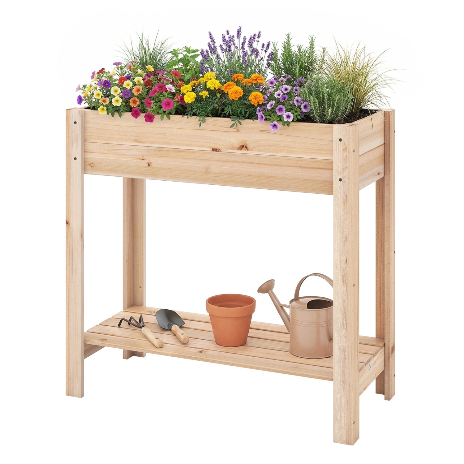 Wooden Raised Garden Bed with Legs and Storage Shelf, Natural Raised Garden Beds at Gallery Canada
