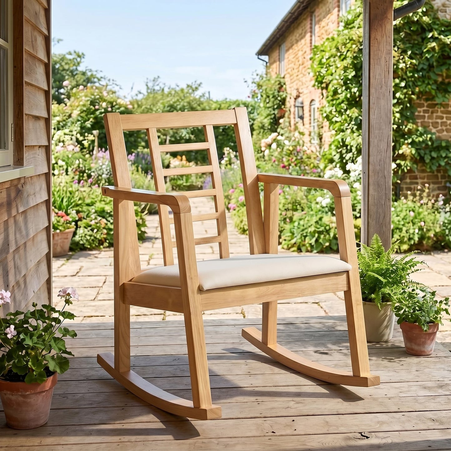 Wooden Rocking Chair with Upholstered Seat and Ladder Back for Living Room, Natural
