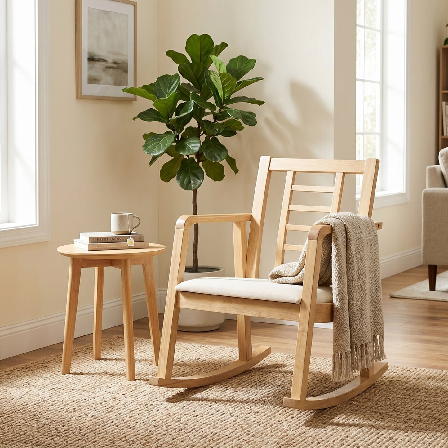 Wooden Rocking Chair with Upholstered Seat and Ladder Back for Living Room, Natural