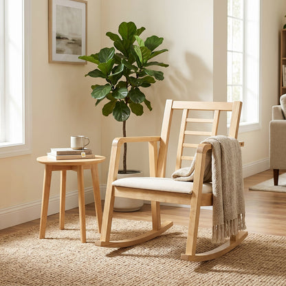 Wooden Rocking Chair with Upholstered Seat and Ladder Back for Living Room, Natural