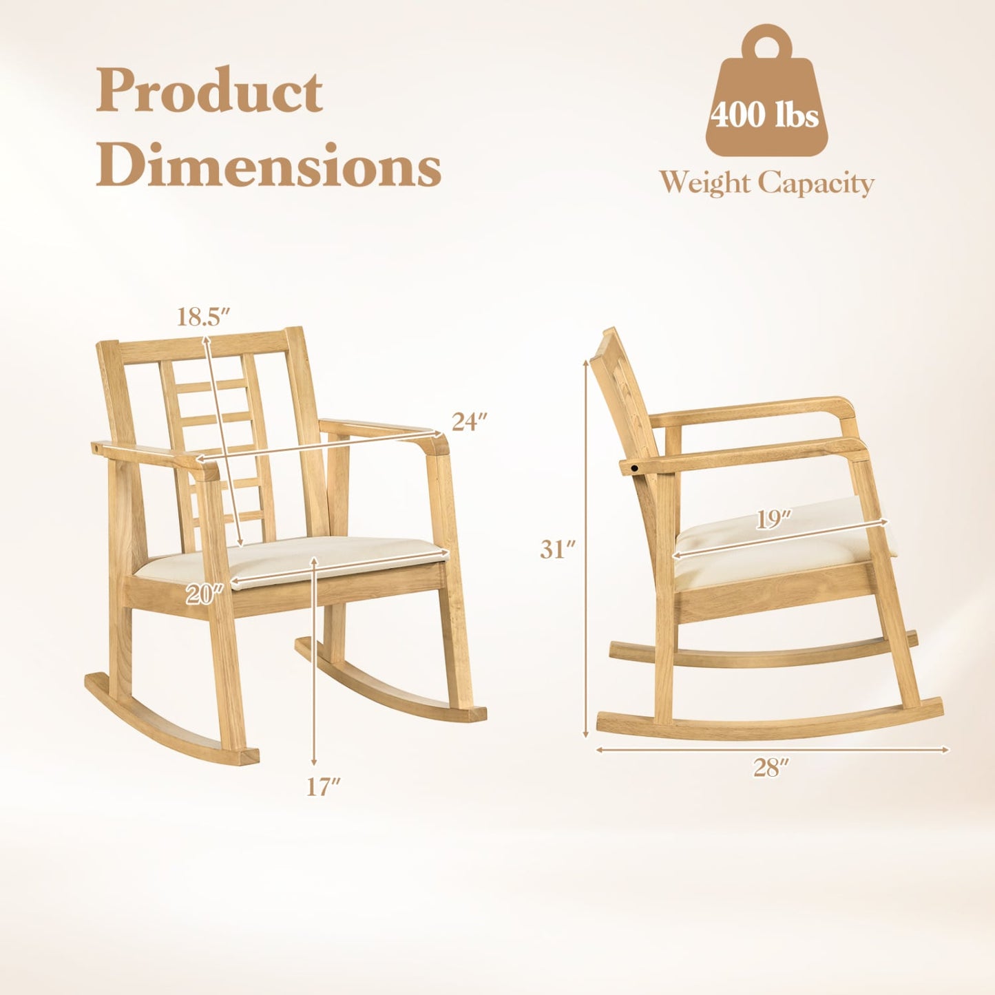 Wooden Rocking Chair with Upholstered Seat and Ladder Back for Living Room, Natural