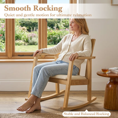 Wooden Rocking Chair with Upholstered Seat and Ladder Back for Living Room, Natural
