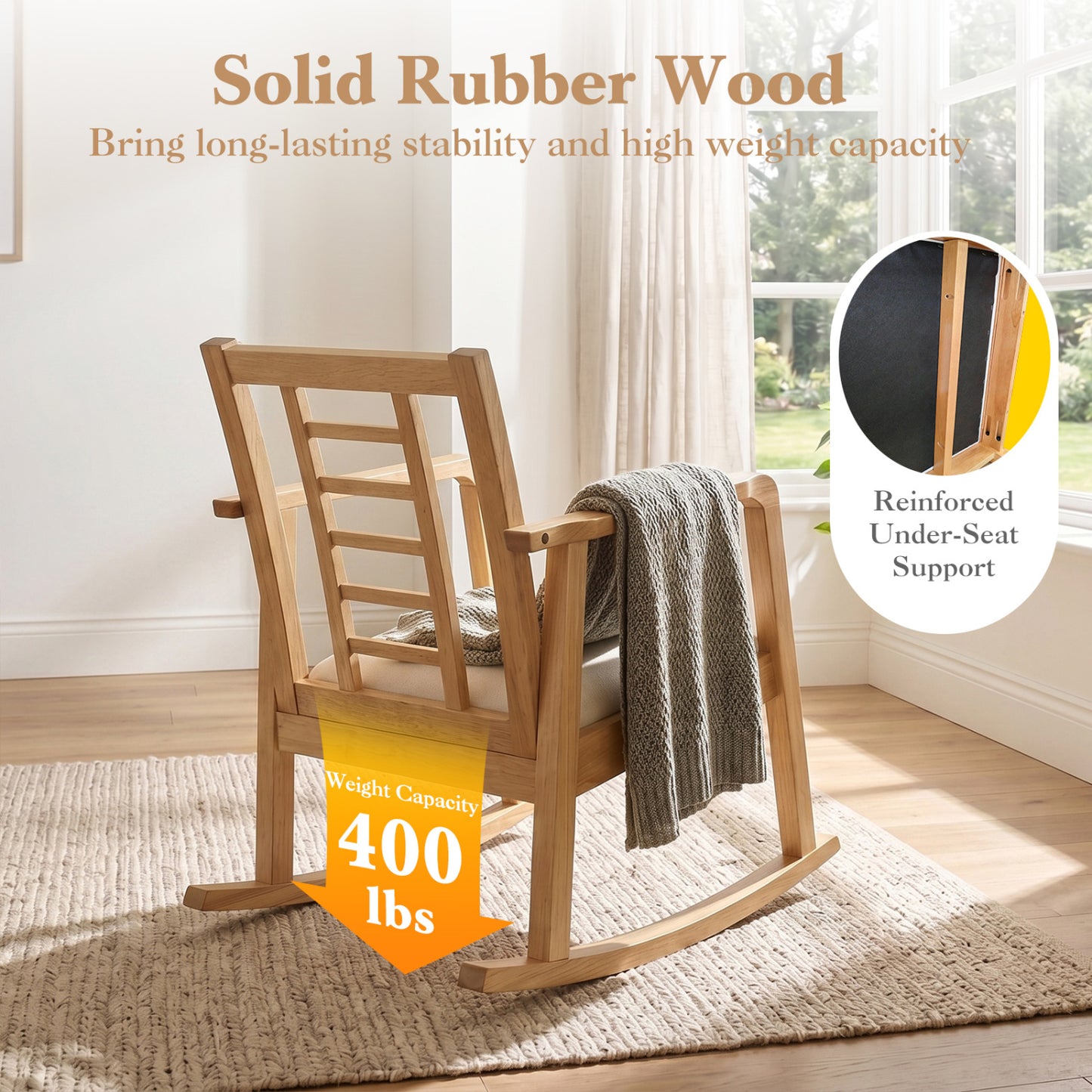 Wooden Rocking Chair with Upholstered Seat and Ladder Back for Living Room, Natural