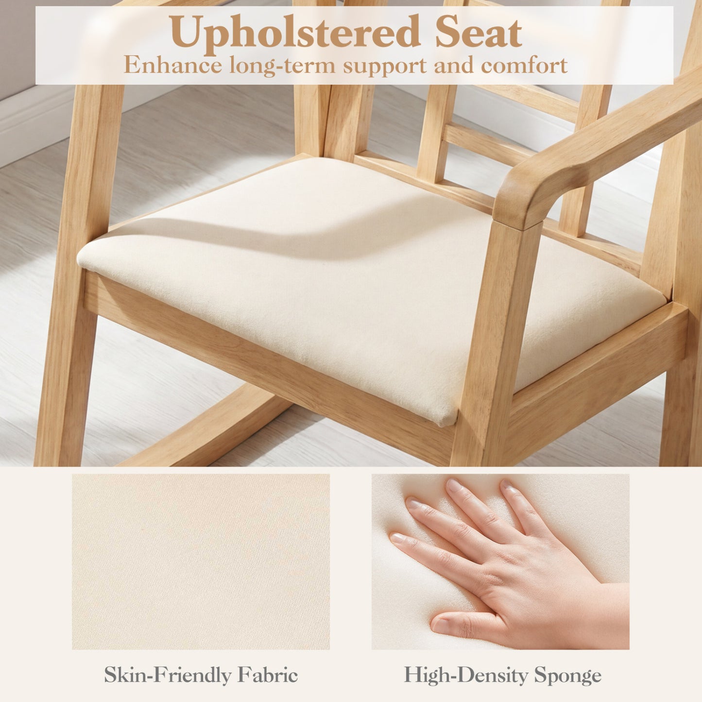Wooden Rocking Chair with Upholstered Seat and Ladder Back for Living Room, Natural