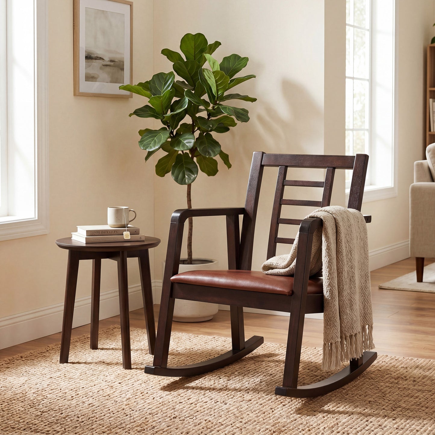Wooden Rocking Chair with Upholstered Seat and Ladder Back for Living Room, Brown Patio Rocking Chairs & Gliders at Gallery Canada