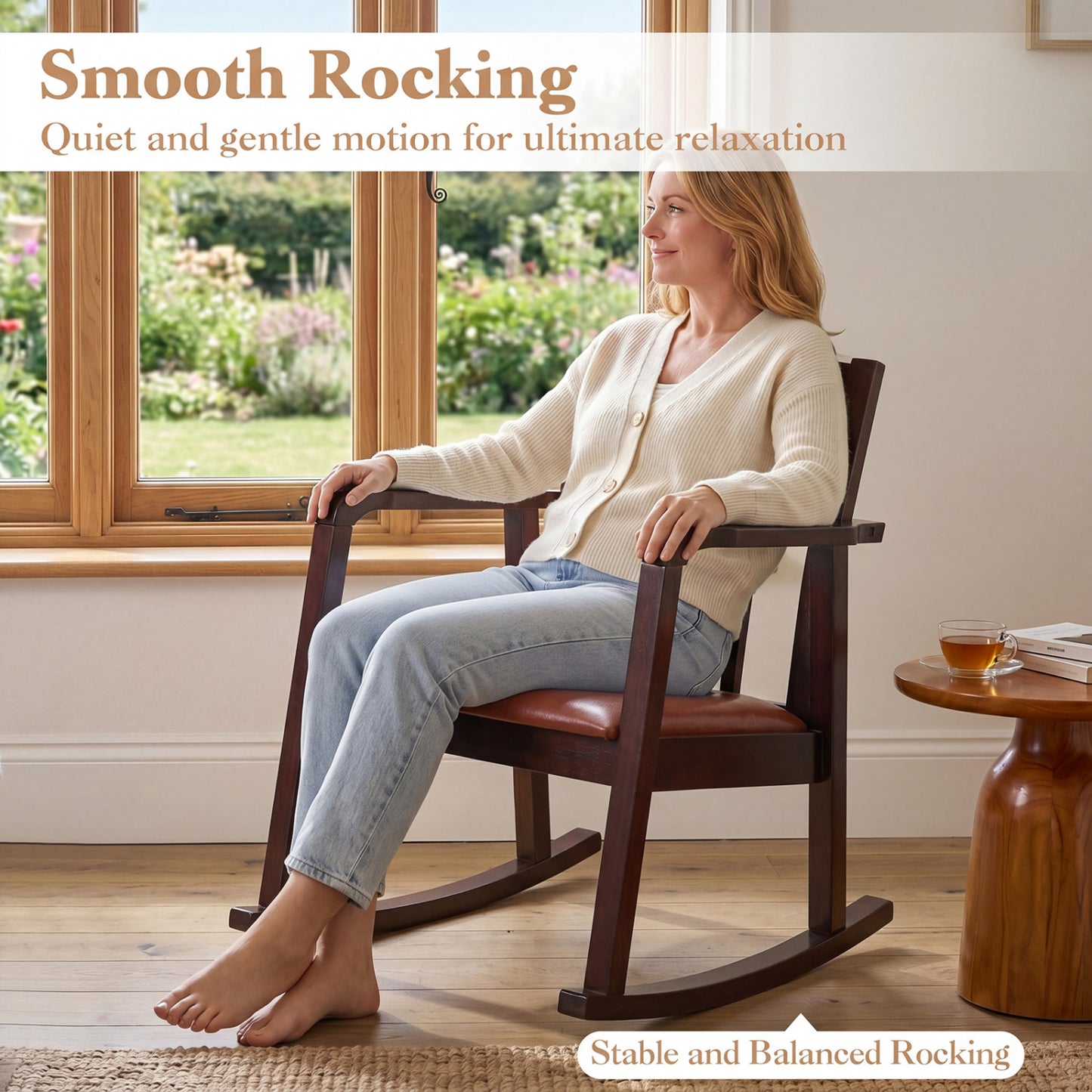 Wooden Rocking Chair with Upholstered Seat and Ladder Back for Living Room, Brown Patio Rocking Chairs & Gliders at Gallery Canada