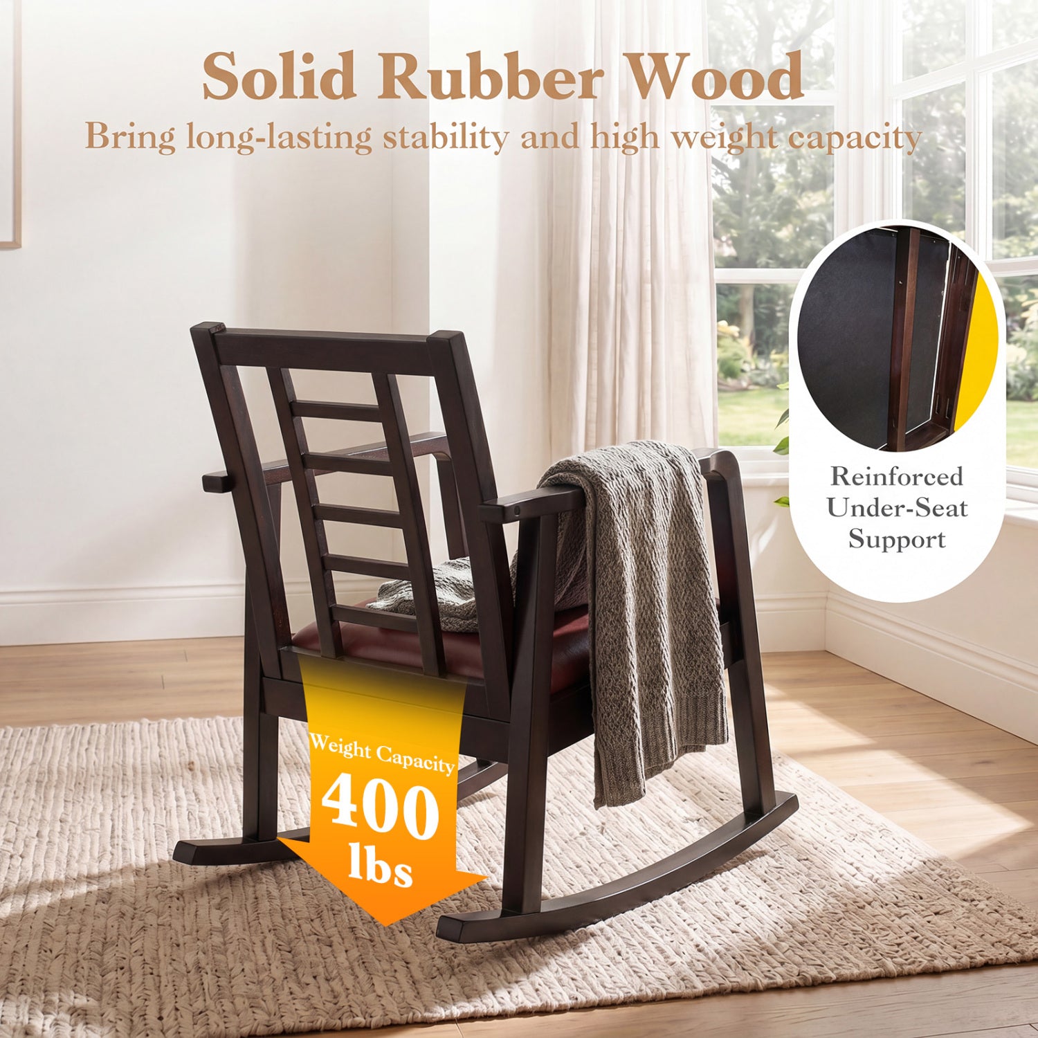 Wooden Rocking Chair with Upholstered Seat and Ladder Back for Living Room, Brown Patio Rocking Chairs & Gliders at Gallery Canada