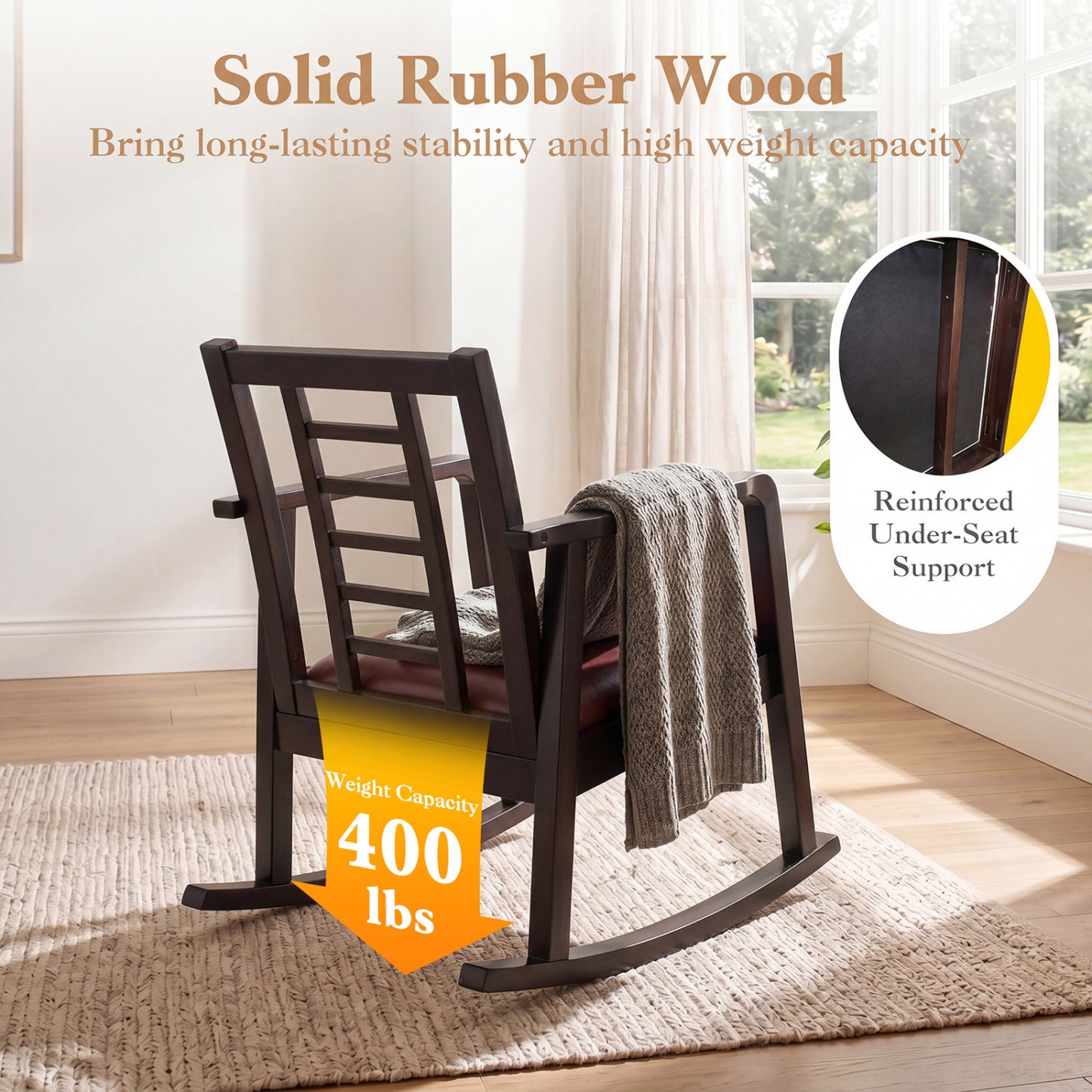 Wooden Rocking Chair with Upholstered Seat and Ladder Back for Living Room, Brown Patio Rocking Chairs & Gliders at Gallery Canada