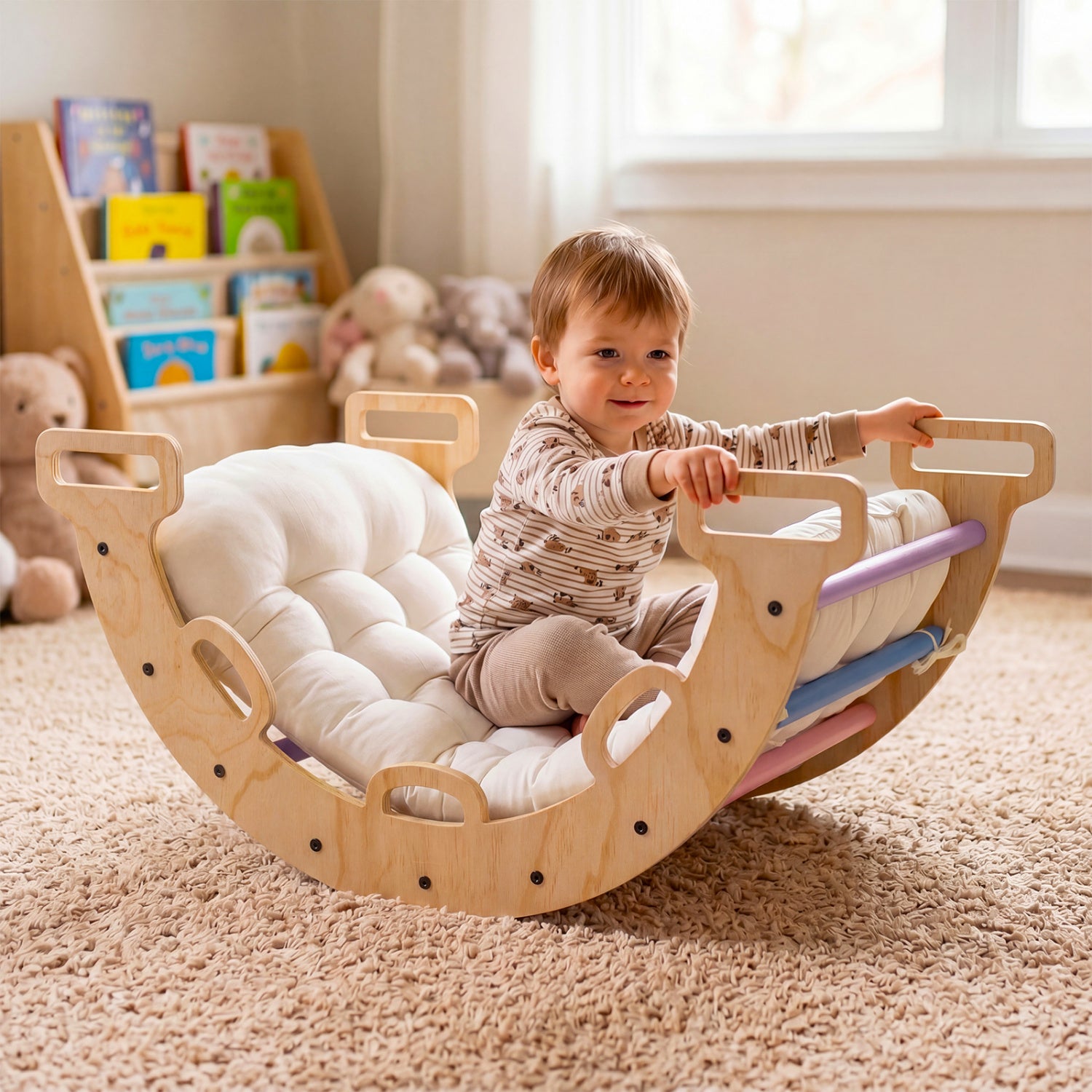 Wooden Rocking Climbing Arch with Cushion 3-in-1 Montessori Kids Climber Rocker, Multicolor Climbers & Slides at Gallery Canada
